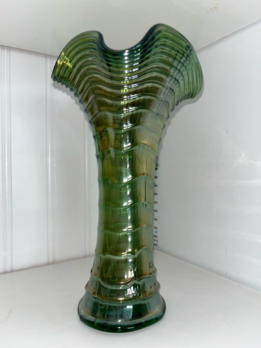 Fenton Carnival Glass Vase Green Iridescent Ruffled Rim Antique Imperial Ripple
